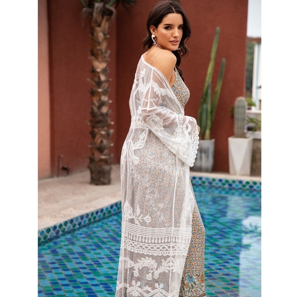 White Lace Boho Coverup Long Kimono - Picture 3 of 10